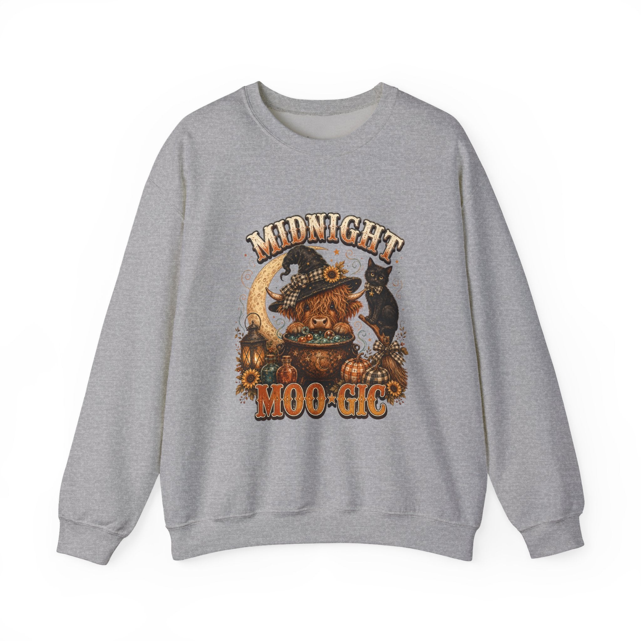 Halloween Highland Cow Sweatshirt, Midnight Moo-gic Witchy Black Cat Pumpkin Graphic