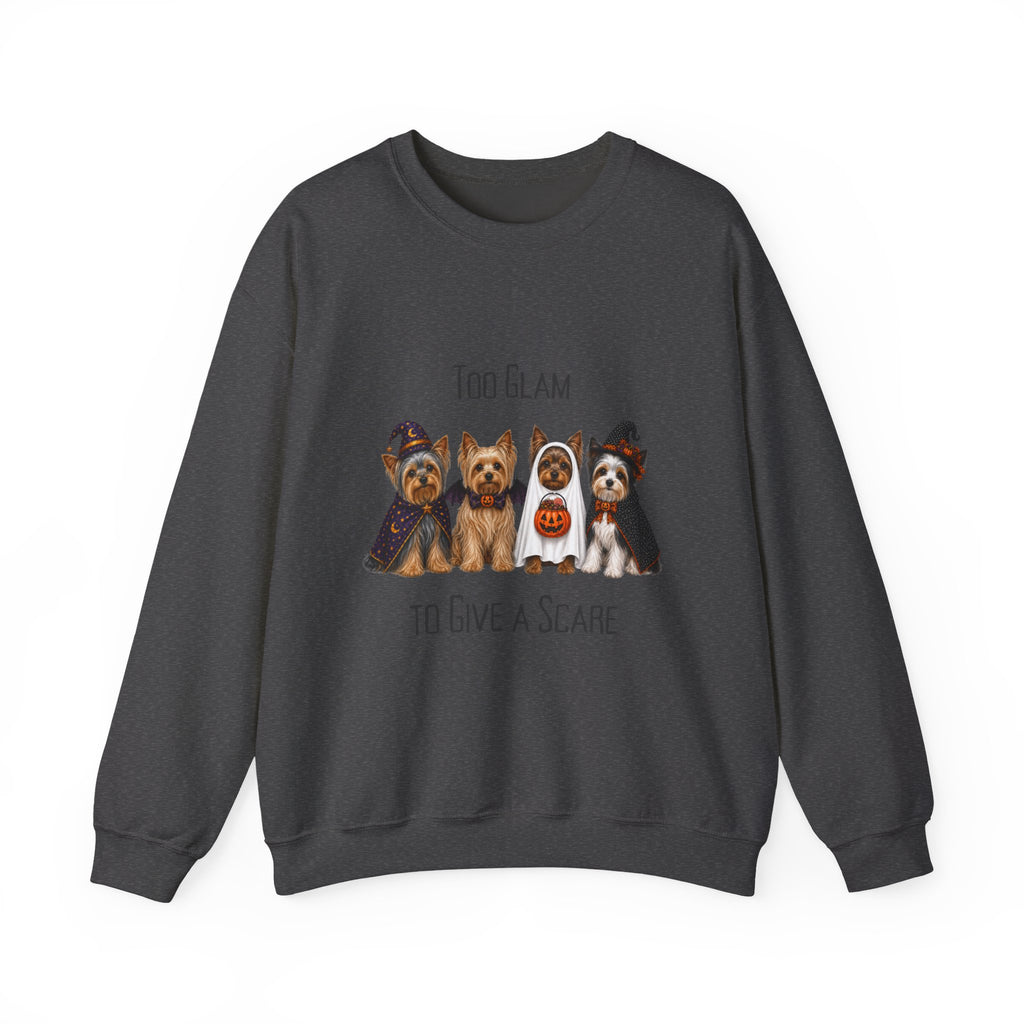Yorkie Halloween Sweatshirt, Too Glam To Give A Scare Dog Lover Fall Pullover Gift