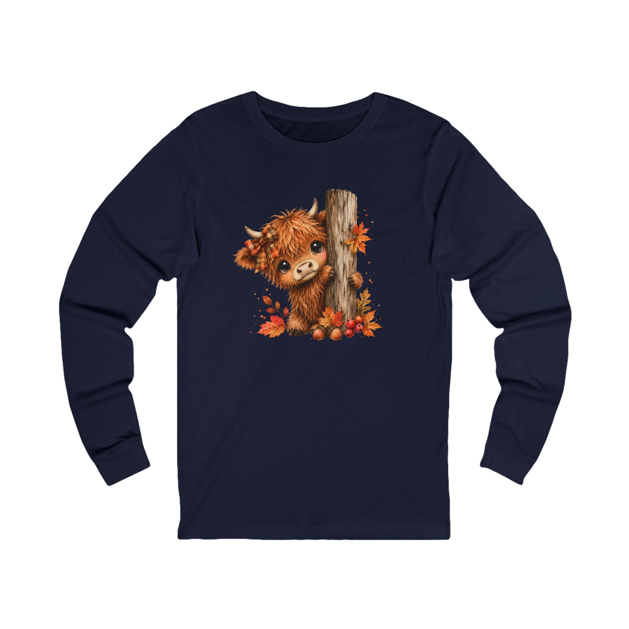 Fall Woodland Whimsical Baby Highland Cow Bella and Canvas Long Sleeve Shirt