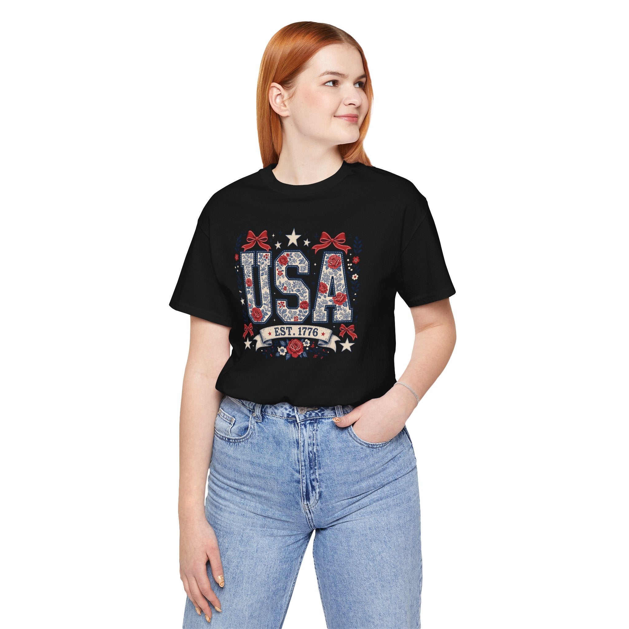 USA Floral Patriotic Shirt, Est 1776 Graphic Tee, Feminine Fourth of July T-Shirt