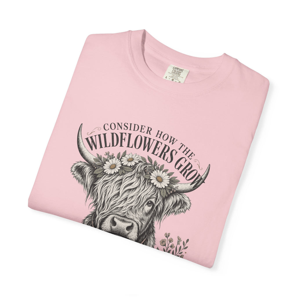 Consider How the Wildflowers Grow Highland Cow Shirt | Christian Farmhouse Graphic Tee