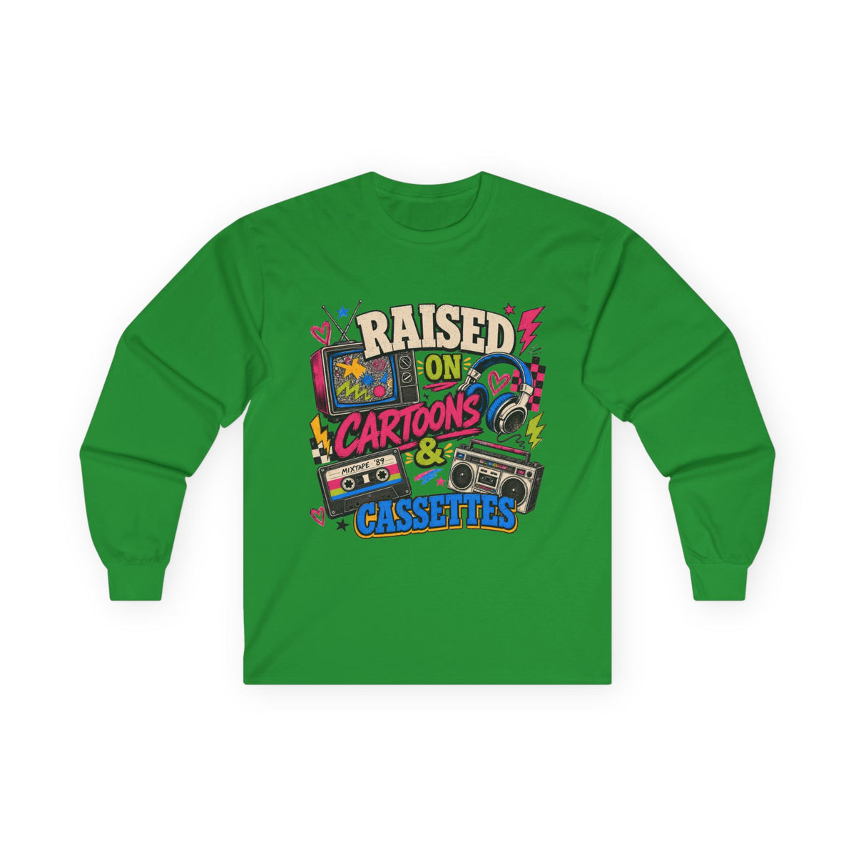 Retro Nostalgia Shirt, Raised On Cartoons Cassettes Tee, 80s Kids Boombox Graphic