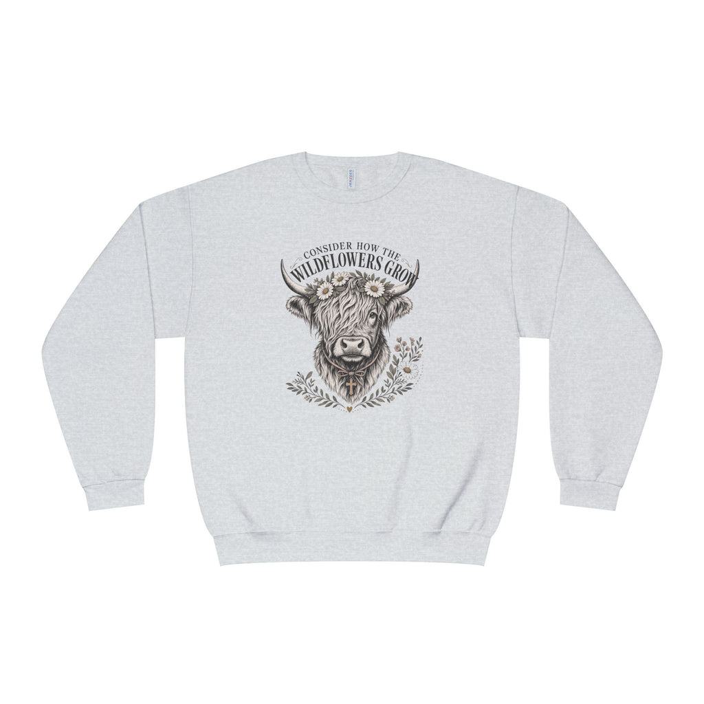 Consider How the Wildflowers Grow Highland Cow Sweatshirt | Christian Farmhouse Graphic Sweatshirt