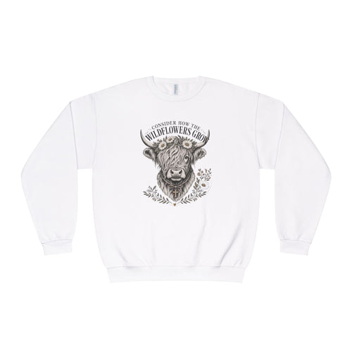 Consider How the Wildflowers Grow Highland Cow Sweatshirt | Christian Farmhouse Graphic Sweatshirt