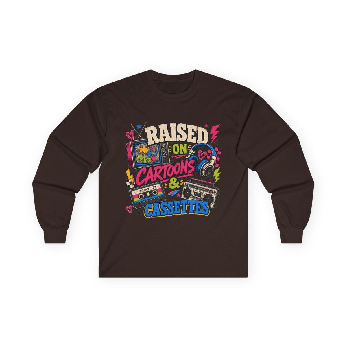 Retro Nostalgia Shirt, Raised On Cartoons Cassettes Tee, 80s Kids Boombox Graphic