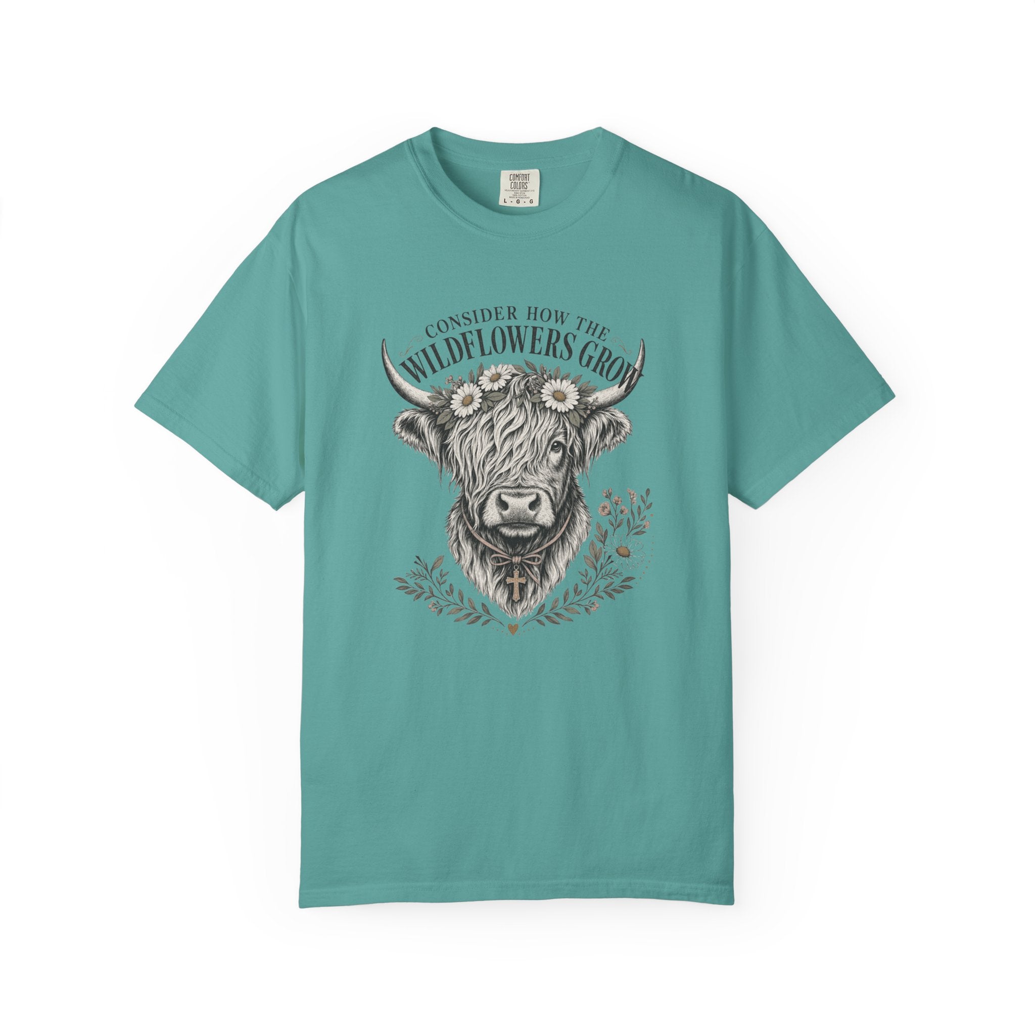 Consider How the Wildflowers Grow Highland Cow Shirt | Christian Farmhouse Graphic Tee
