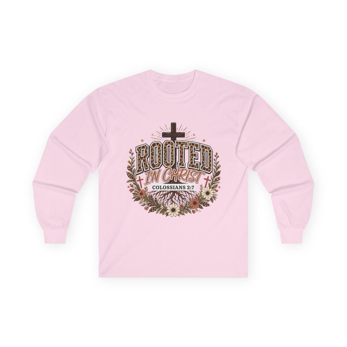 Christian Long Sleeve Shirt, Rooted In Christ Colossians 2:7 Cross Floral Leopard Graphic