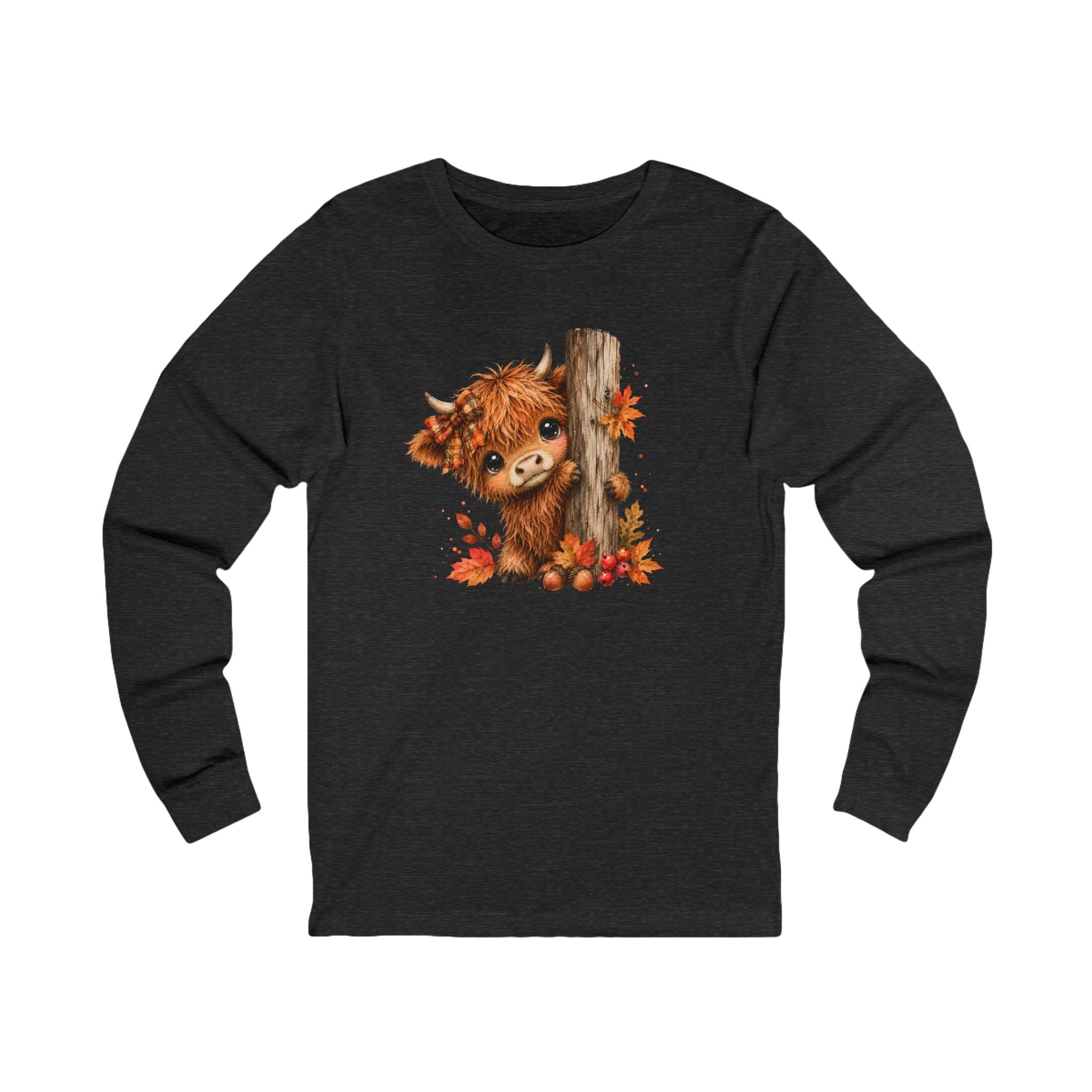 Fall Woodland Whimsical Baby Highland Cow Bella and Canvas Long Sleeve Shirt