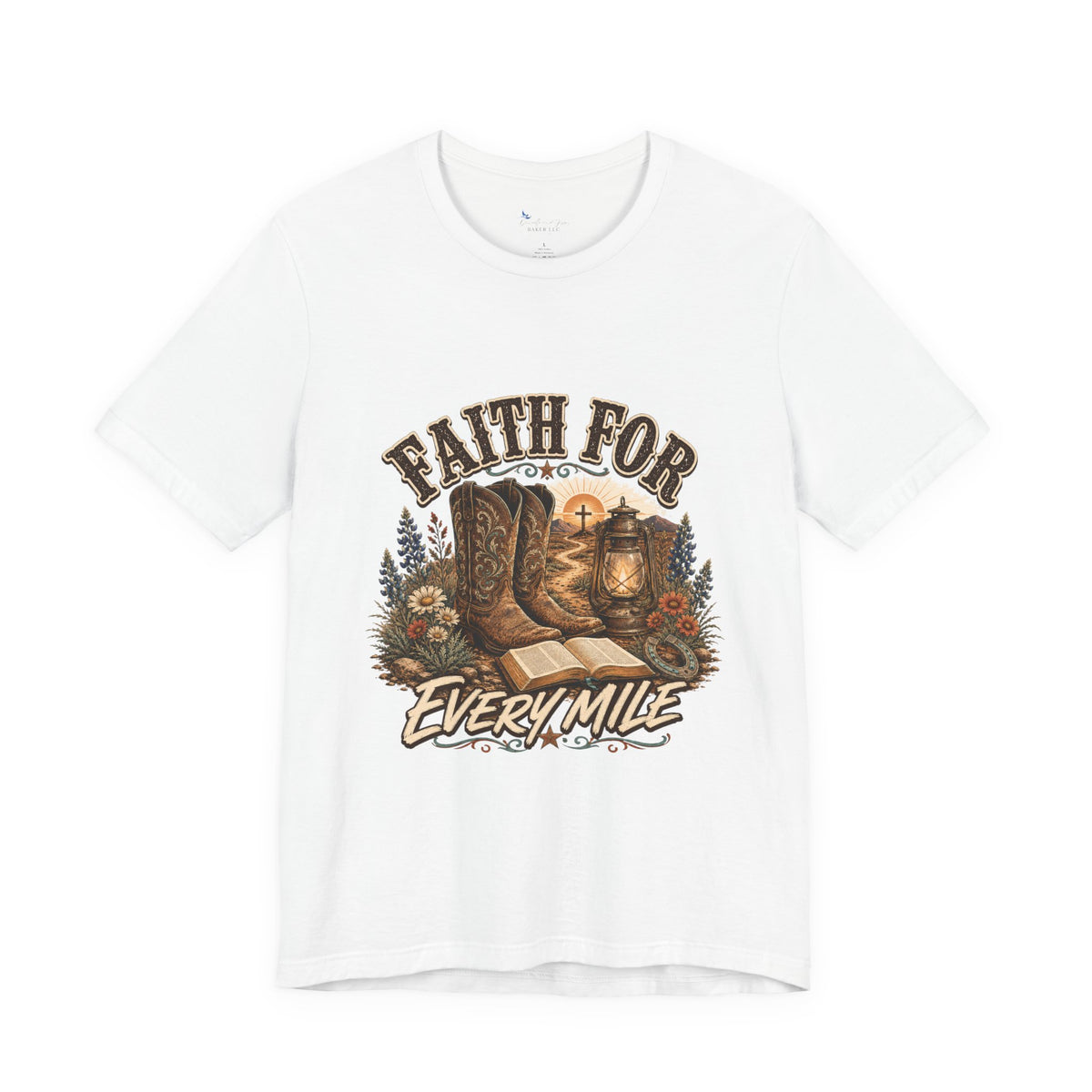 Christian Western Shirt, Faith Every Mile Tee, Cowgirl Bible Boots Lantern Graphic