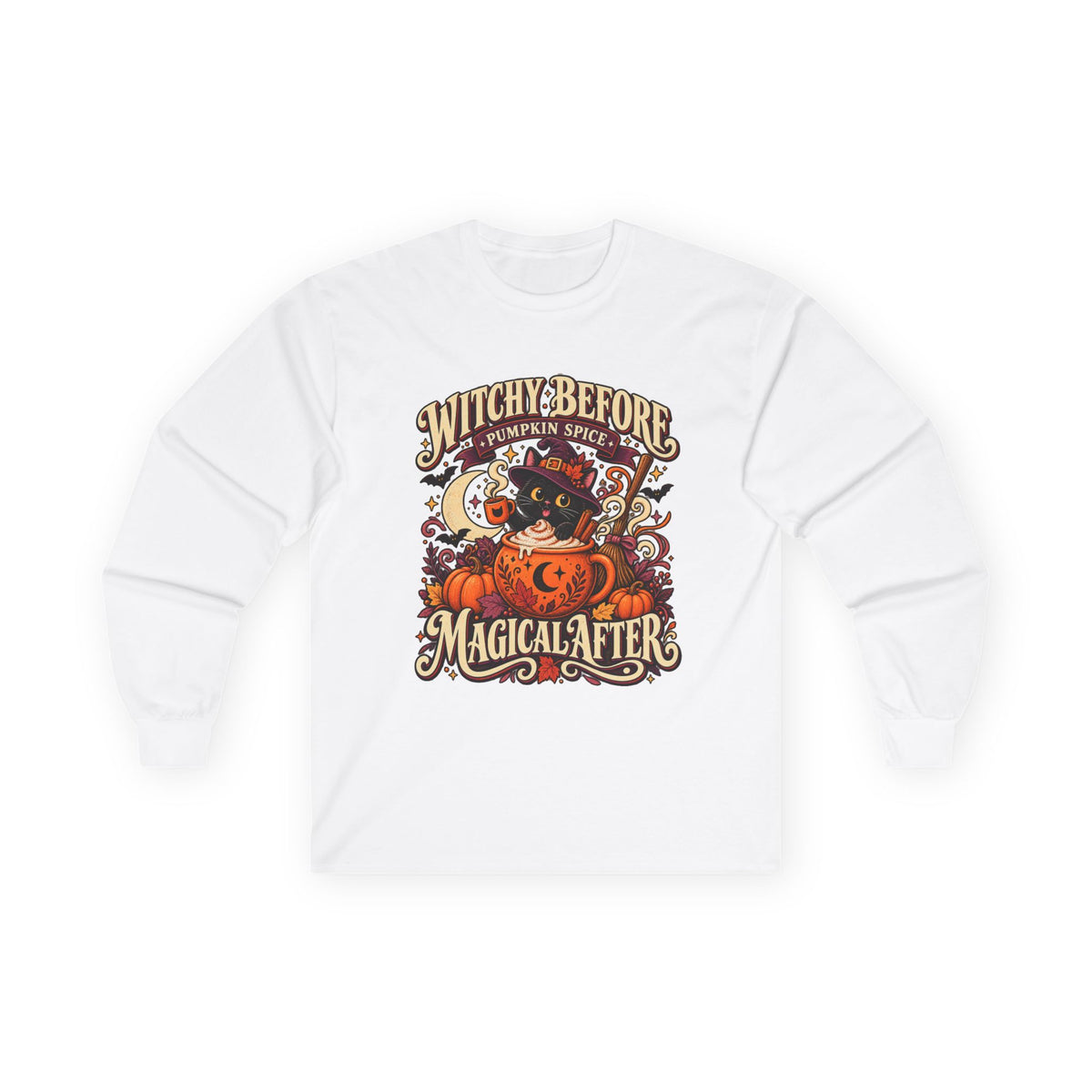 Halloween Long Sleeve, Witchy Pumpkin Spice Pullover, Black Cat Coffee Fall Graphic