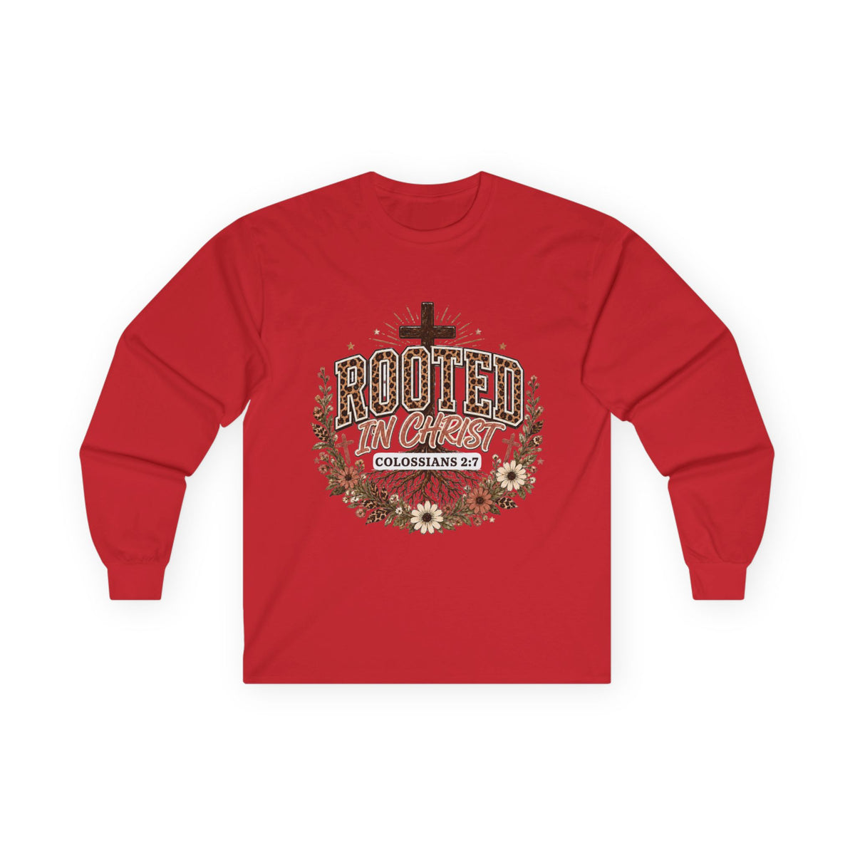 Christian Long Sleeve Shirt, Rooted In Christ Colossians 2:7 Cross Floral Leopard Graphic