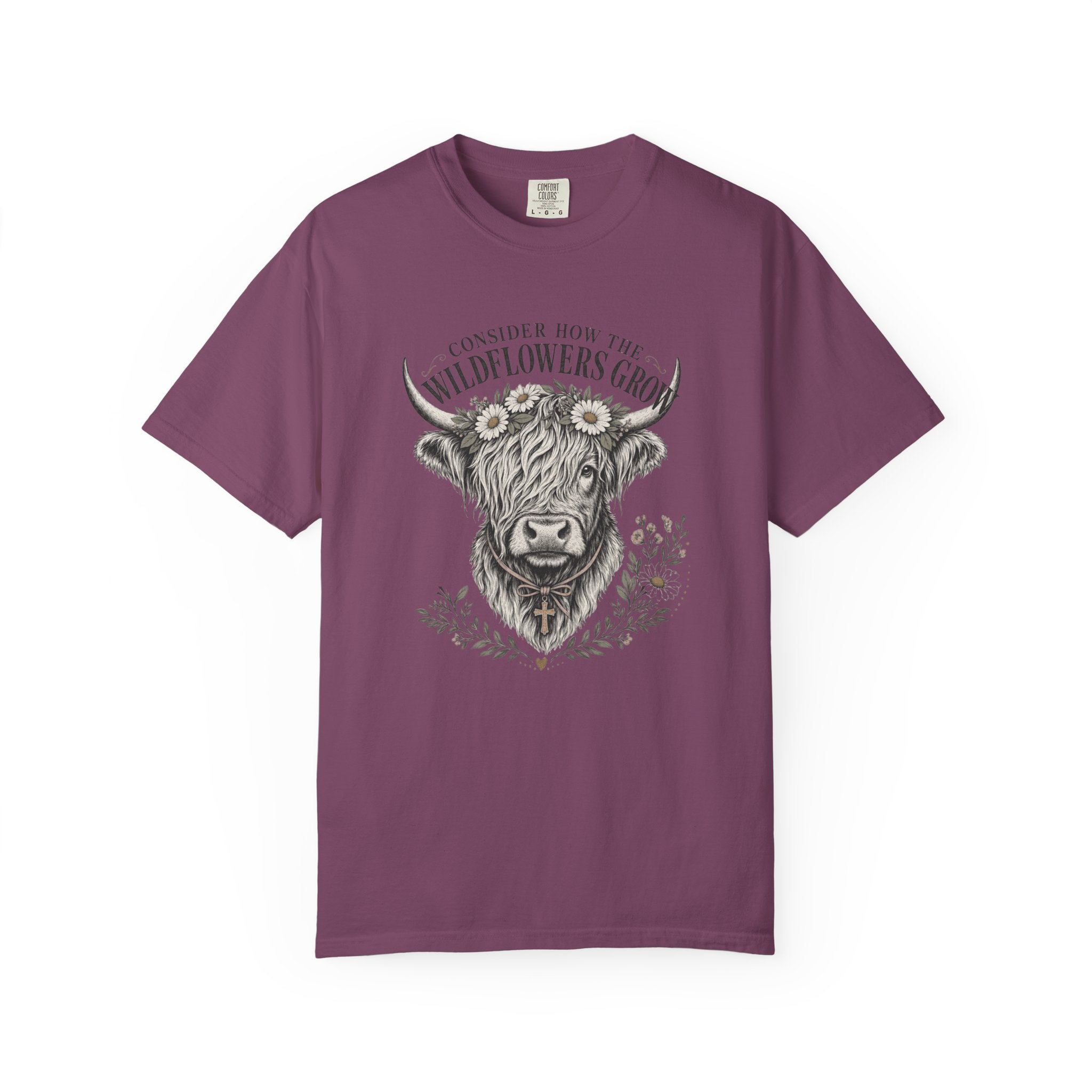 Consider How the Wildflowers Grow Highland Cow Shirt | Christian Farmhouse Graphic Tee