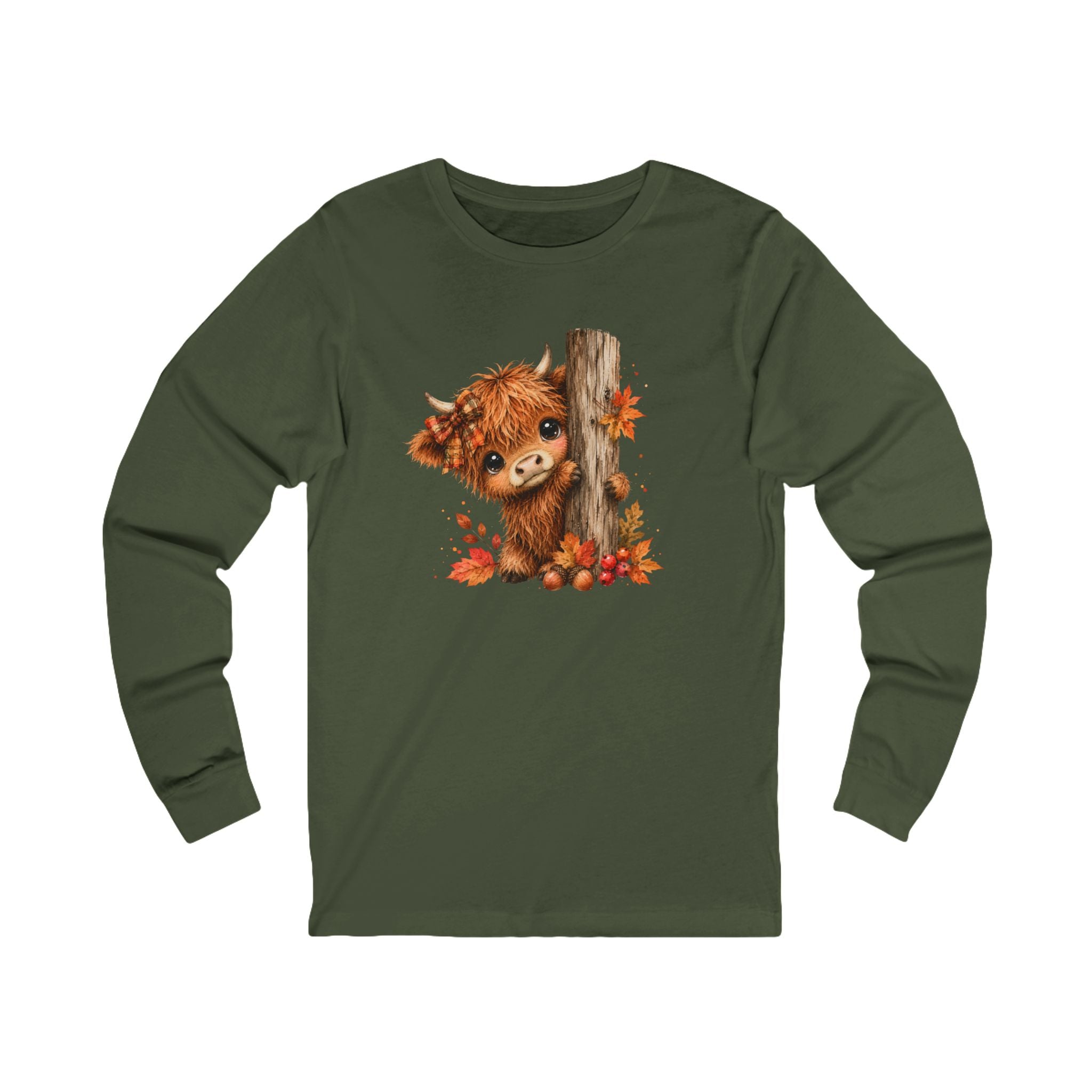 Fall Woodland Whimsical Baby Highland Cow Bella and Canvas Long Sleeve Shirt