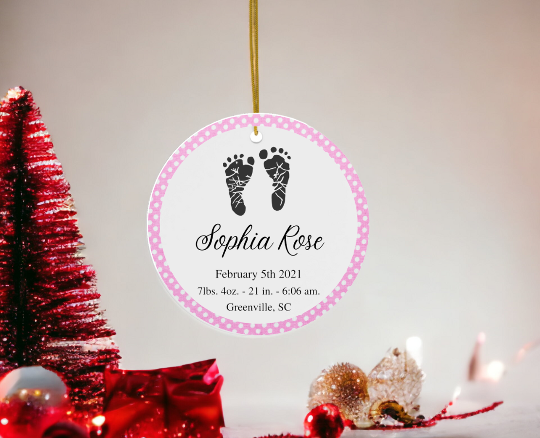 Baby Girl's Birth Record Ceramic Ornament - Daughter's 1st Christmas Ornament