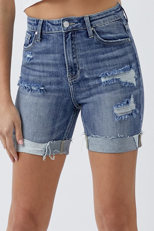 RISEN Distressed Rolled Denim Shorts with Pockets