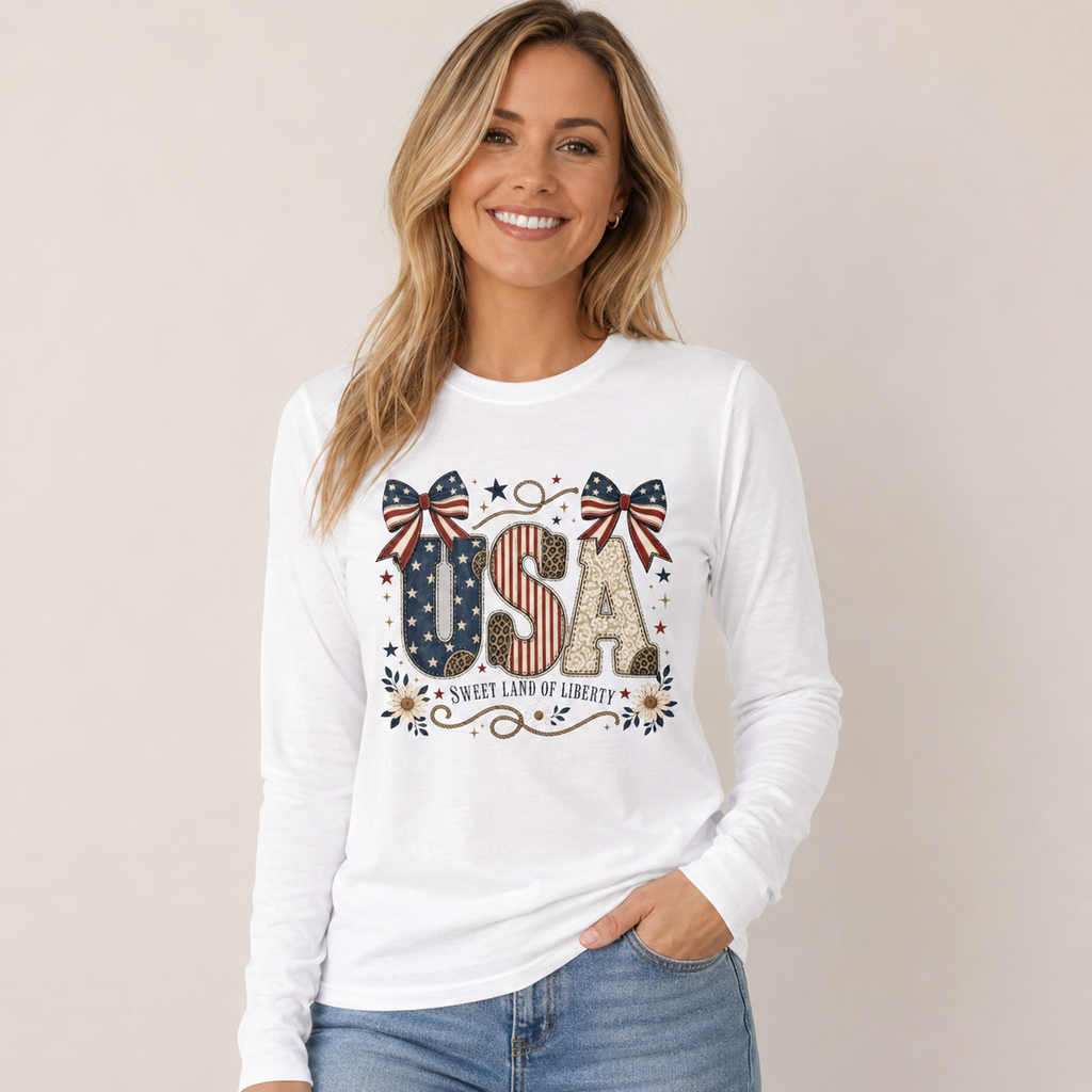 USA Sweet Land of Liberty Patriotic Shirt | Western Americana Oversized Long Sleeve Tee