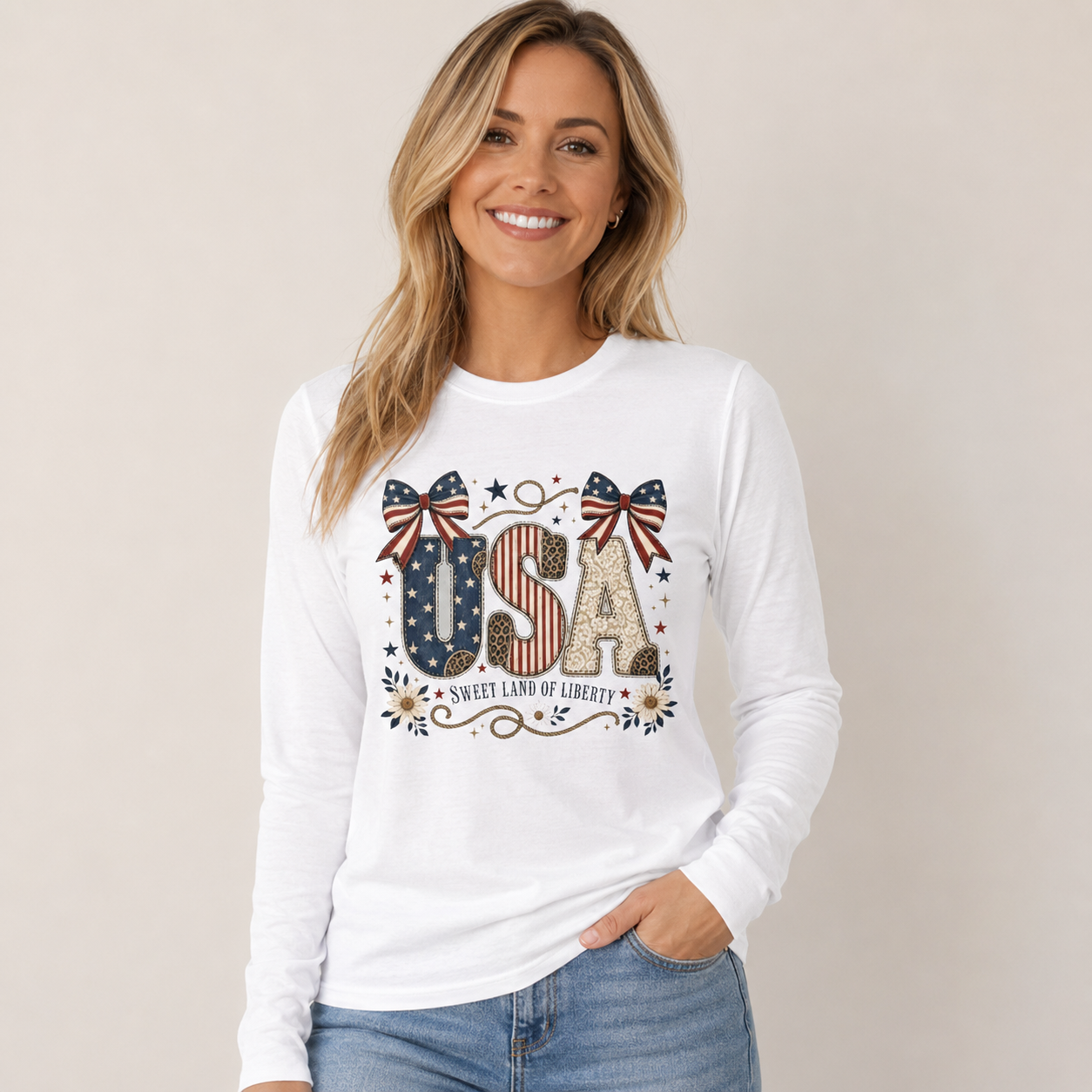 USA Sweet Land of Liberty Patriotic Shirt | Western Americana Oversized Long Sleeve Tee