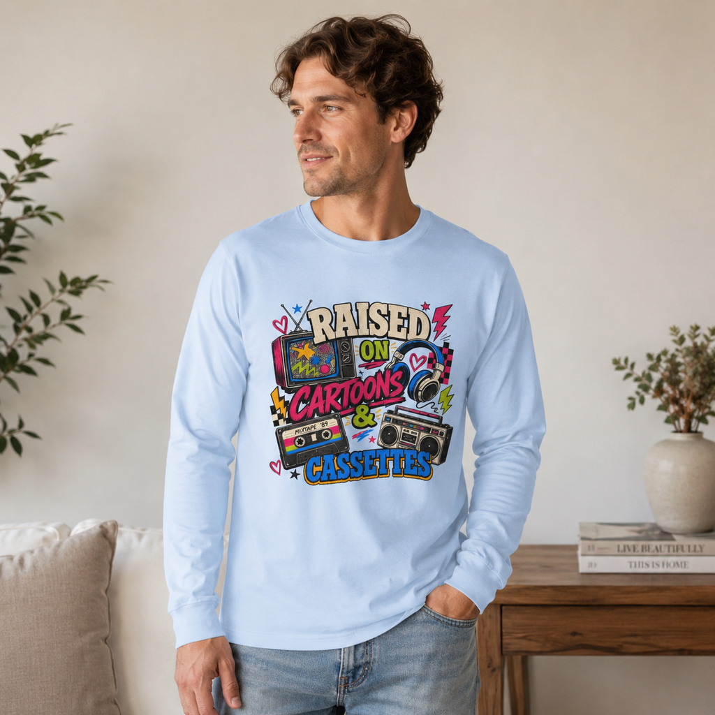 Retro Nostalgia Shirt, Raised On Cartoons Cassettes Tee, 80s Kids Boombox Graphic