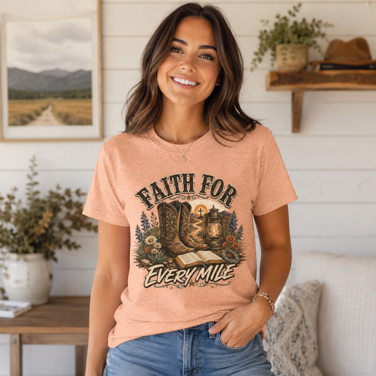 Christian Western Shirt, Faith Every Mile Tee, Cowgirl Bible Boots Lantern Graphic