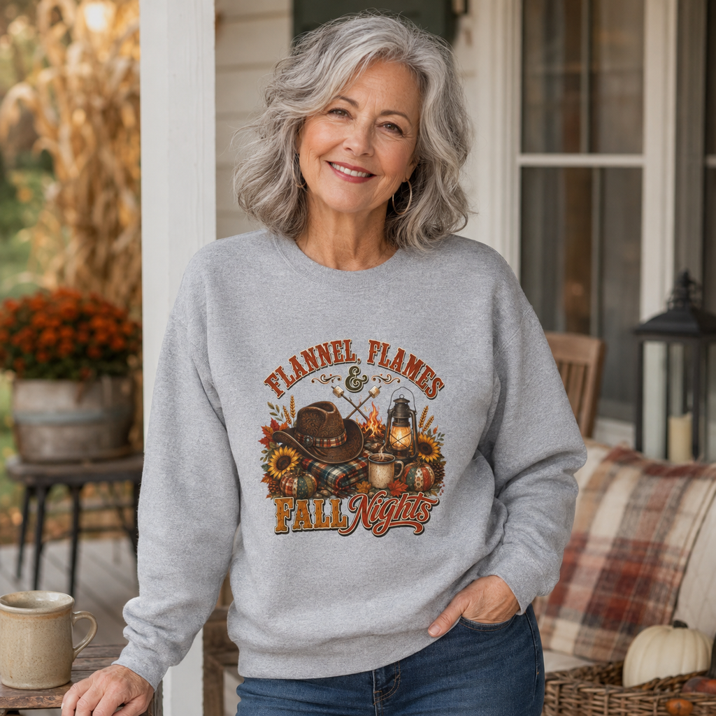 Fall Sweatshirt, Flannel Flames Nights Pullover, Country Bonfire Cowgirl Graphic