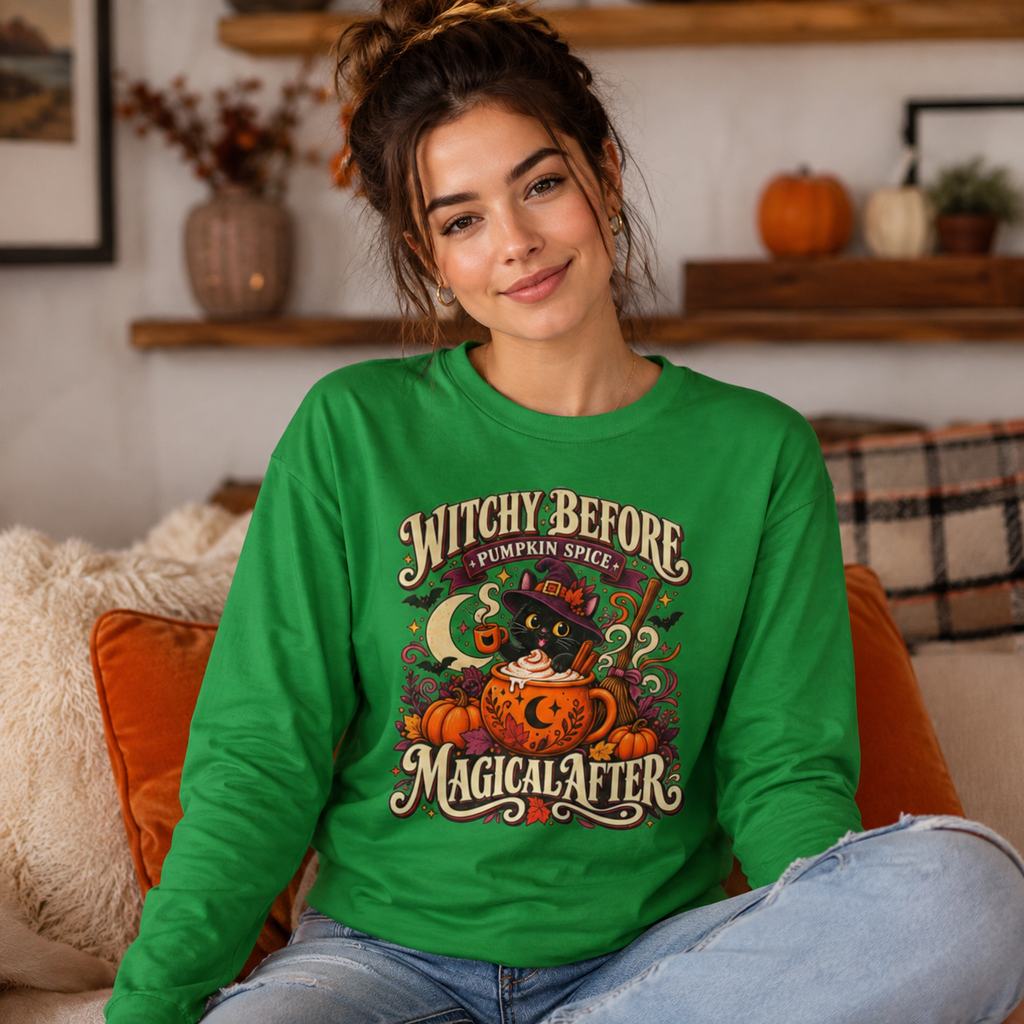 Halloween Long Sleeve, Witchy Pumpkin Spice Pullover, Black Cat Coffee Fall Graphic