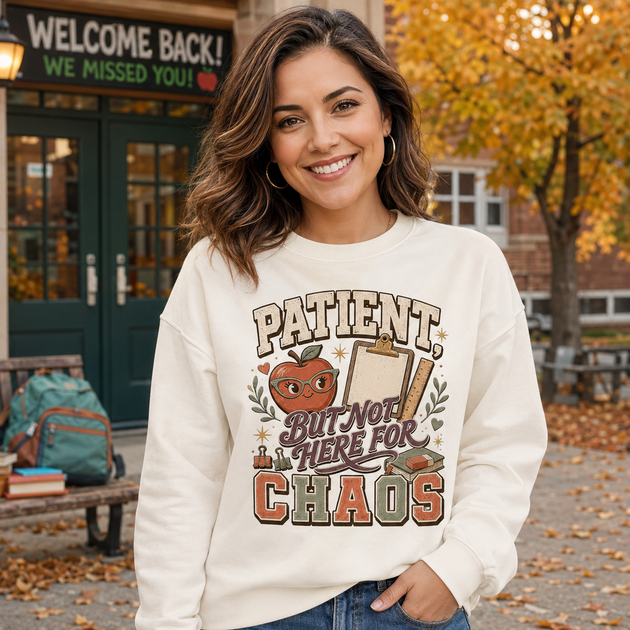 Teacher Sweatshirt, Patient But Not Here For Chaos Pullover, School Staff Apple Clipboard Graphic