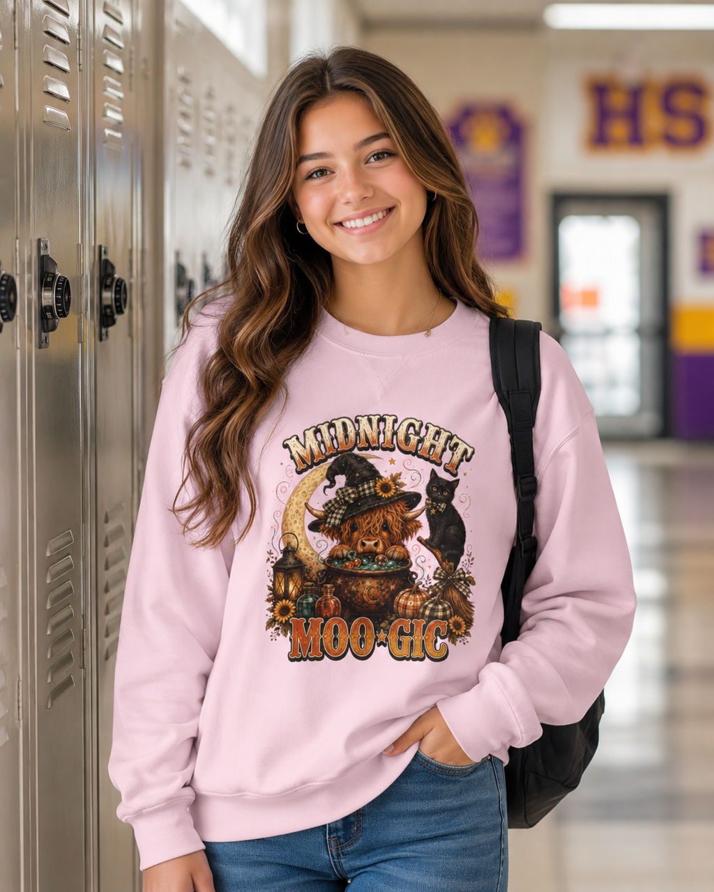 Halloween Highland Cow Sweatshirt, Midnight Moo-gic Witchy Black Cat Pumpkin Graphic
