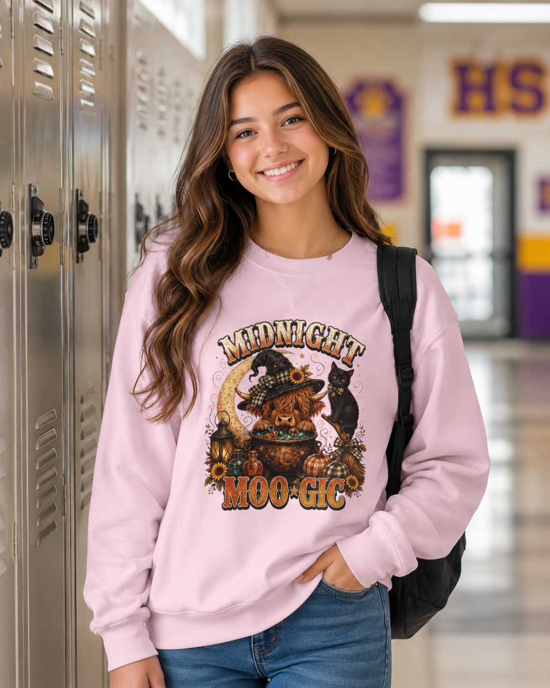 Halloween Highland Cow Sweatshirt, Midnight Moo-gic Witchy Black Cat Pumpkin Graphic