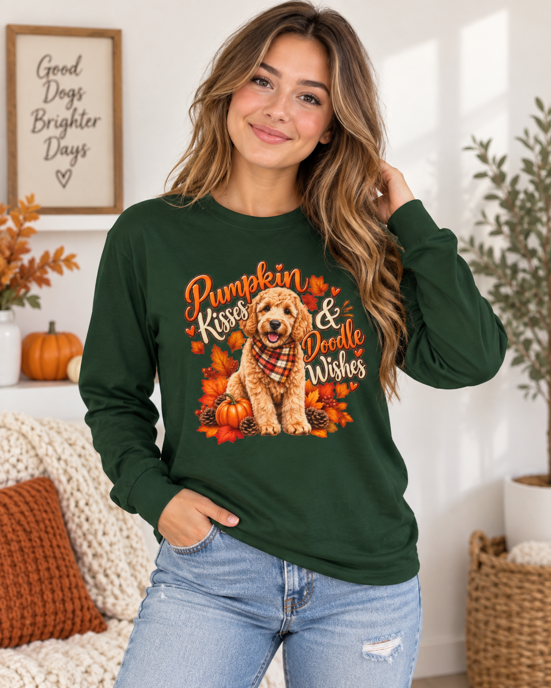 Doodle Dog Fall Shirt, Pumpkin Kisses Wishes Long Sleeve, Pet Lover Autumn Graphic
