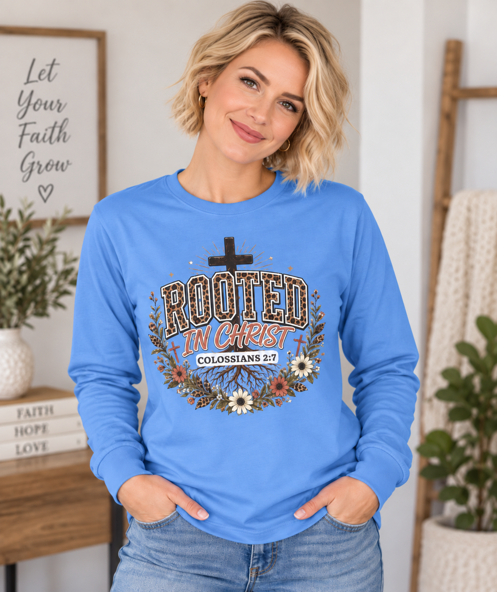 Christian Long Sleeve Shirt, Rooted In Christ Colossians 2:7 Cross Floral Leopard Graphic
