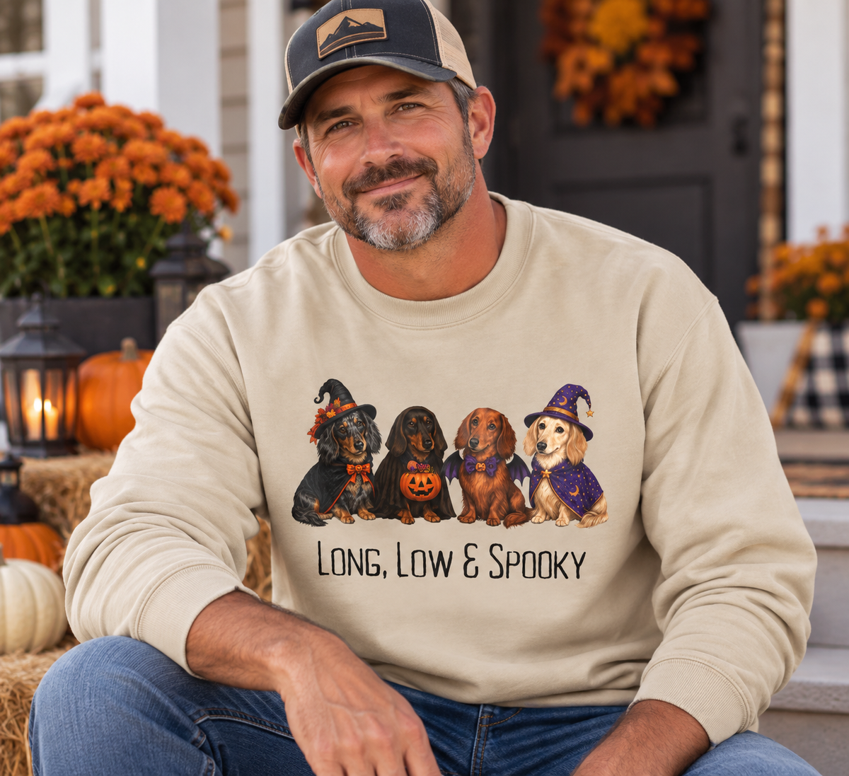 Dachshund Halloween Sweatshirt, Long Low Spooky Wiener Dog Fall Pullover Gift