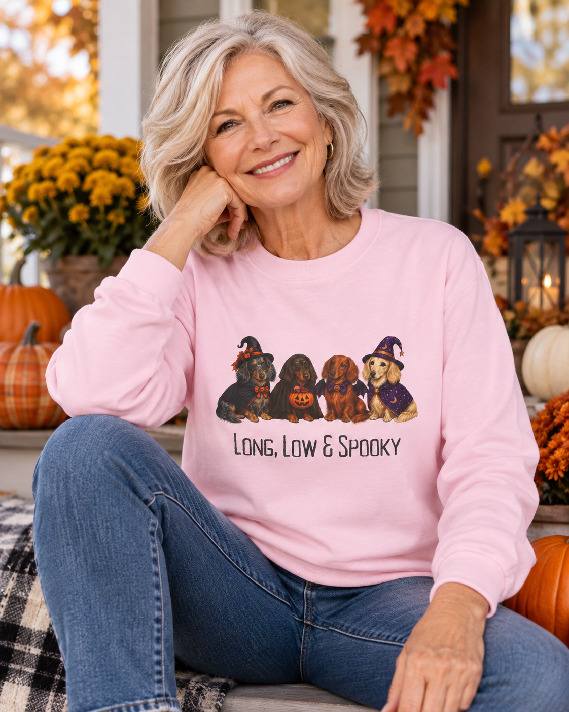 Dachshund Halloween Long Sleeve Shirt, Long Low Spooky Wiener Dog Fall Gift