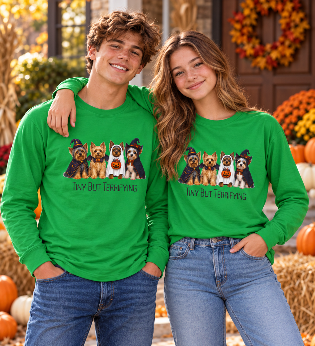Yorkie Halloween Long Sleeve Shirt, Tiny But Terrifying Terrier Fall Dog Lover Gift