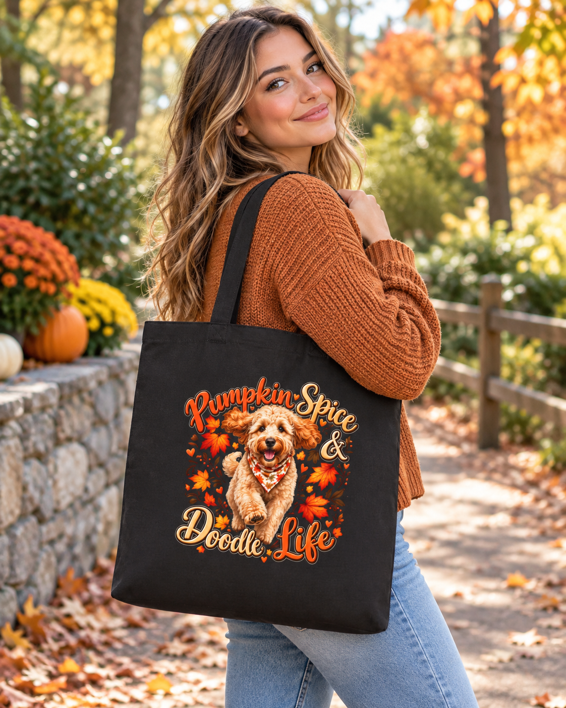 Doodle Tote Bag, Pumpkin Spice Dog Lover Fall Canvas Shopper Gift