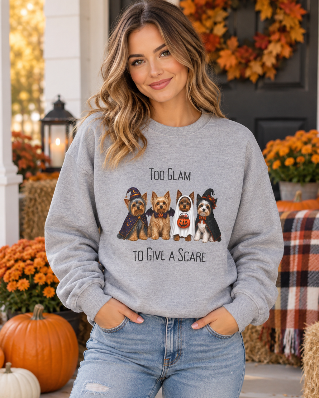 Yorkie Halloween Sweatshirt, Too Glam To Give A Scare Dog Lover Fall Pullover Gift