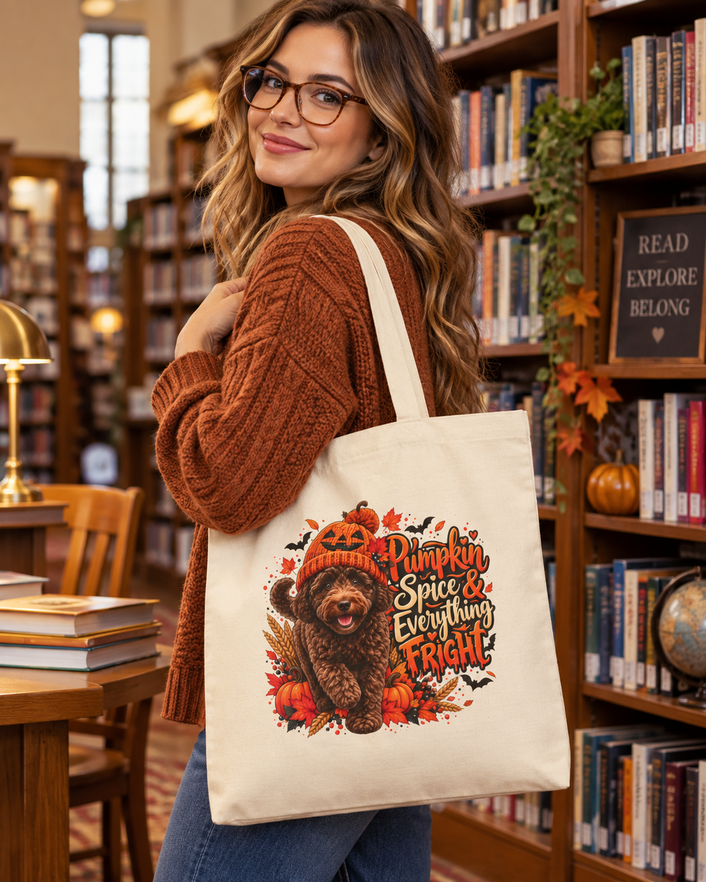 Doodle Halloween Tote Bag, Pumpkin Spice Everything Fright Fall Canvas Shopper Gift