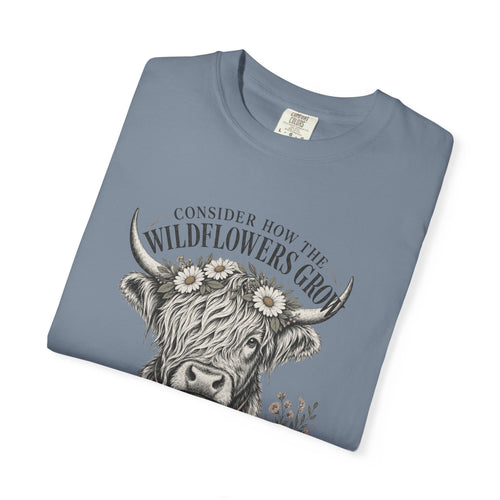 Consider How the Wildflowers Grow Highland Cow Shirt | Christian Farmhouse Graphic Tee