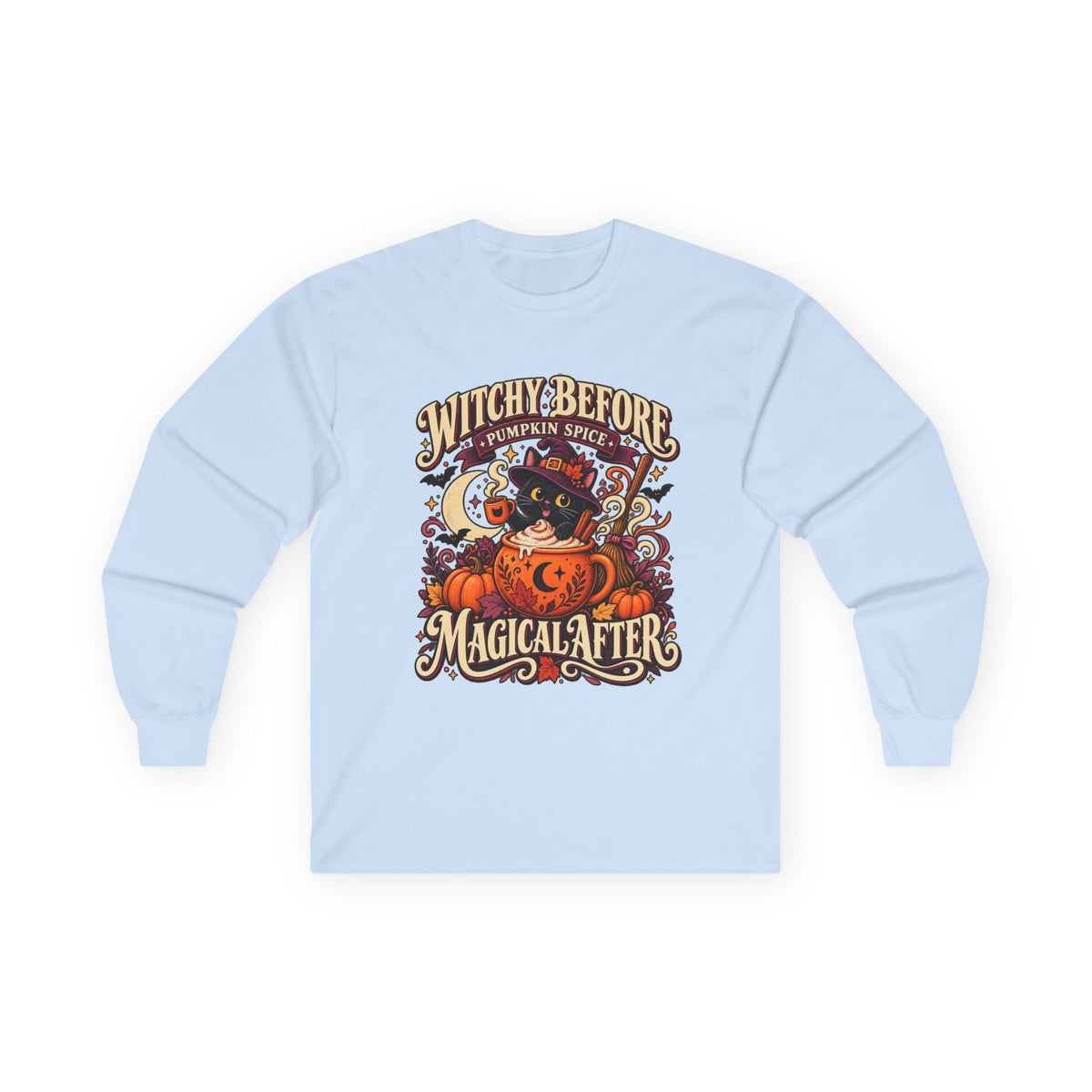 Halloween Long Sleeve, Witchy Pumpkin Spice Pullover, Black Cat Coffee Fall Graphic