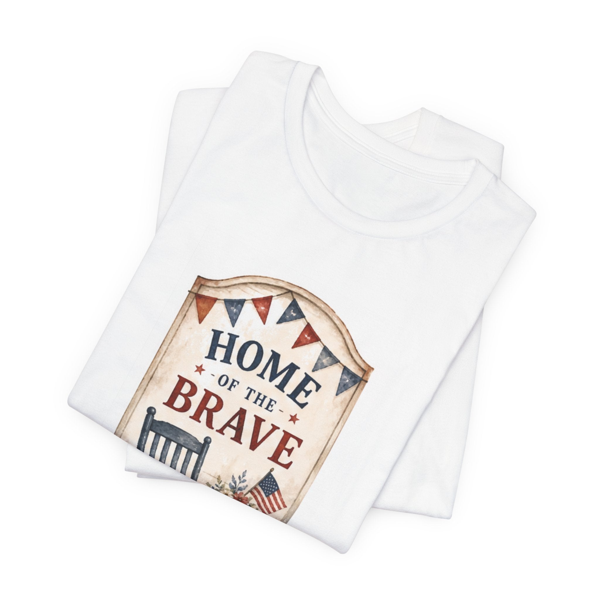 White t-shirt with "Home of the Brave" sign graphic and American flag.