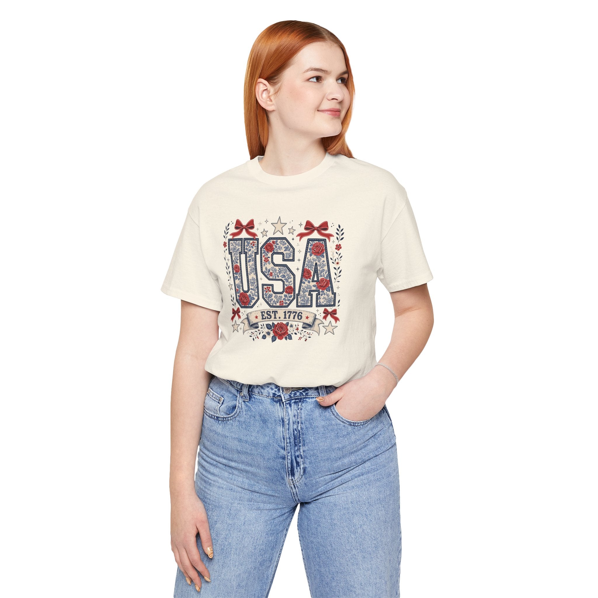 USA Floral Patriotic Shirt, Est 1776 Graphic Tee, Feminine Fourth of July T-Shirt