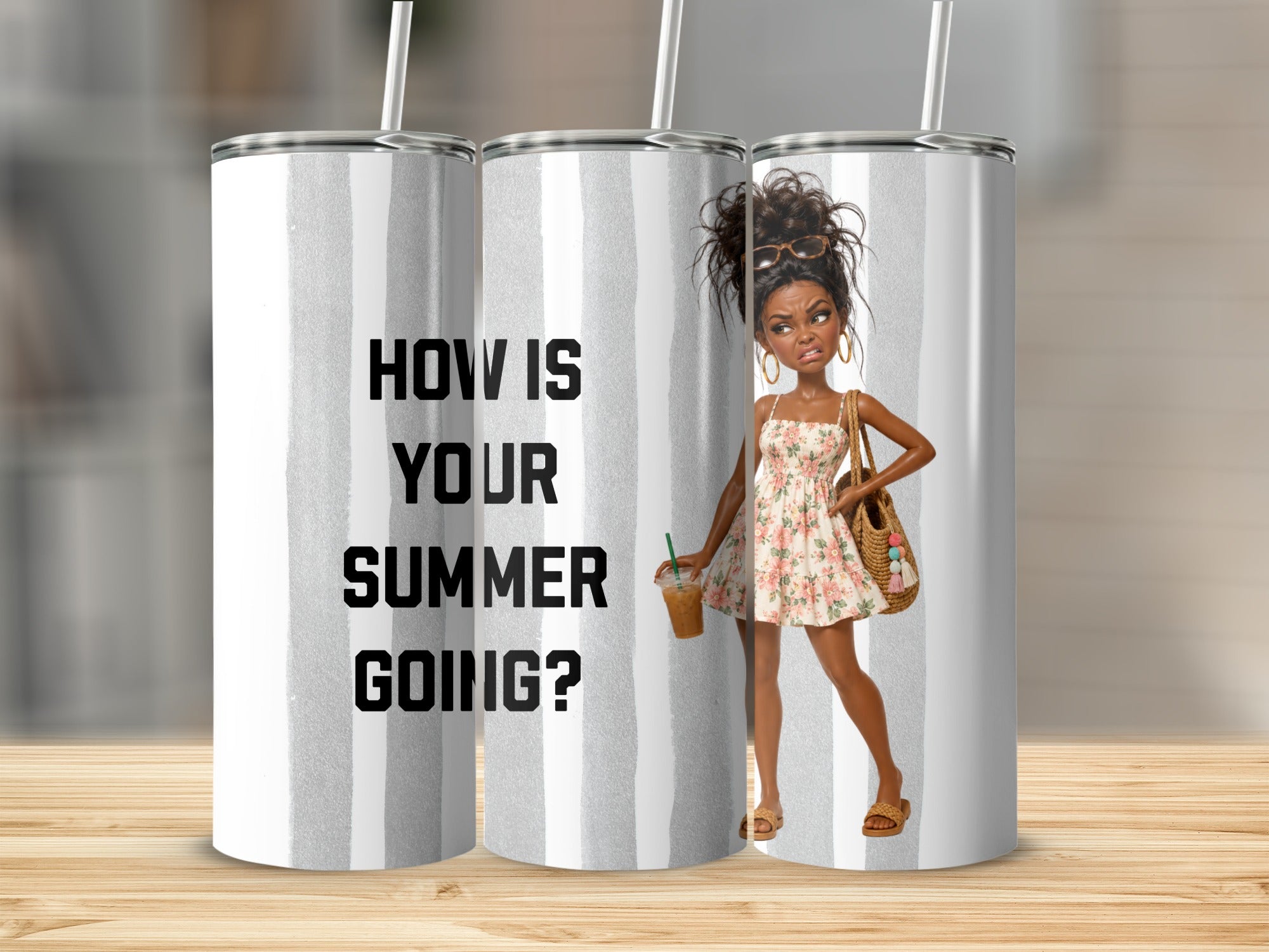 Woman in floral dress holds iced coffee, text reads "HOW IS YOUR SUMMER GOING?"