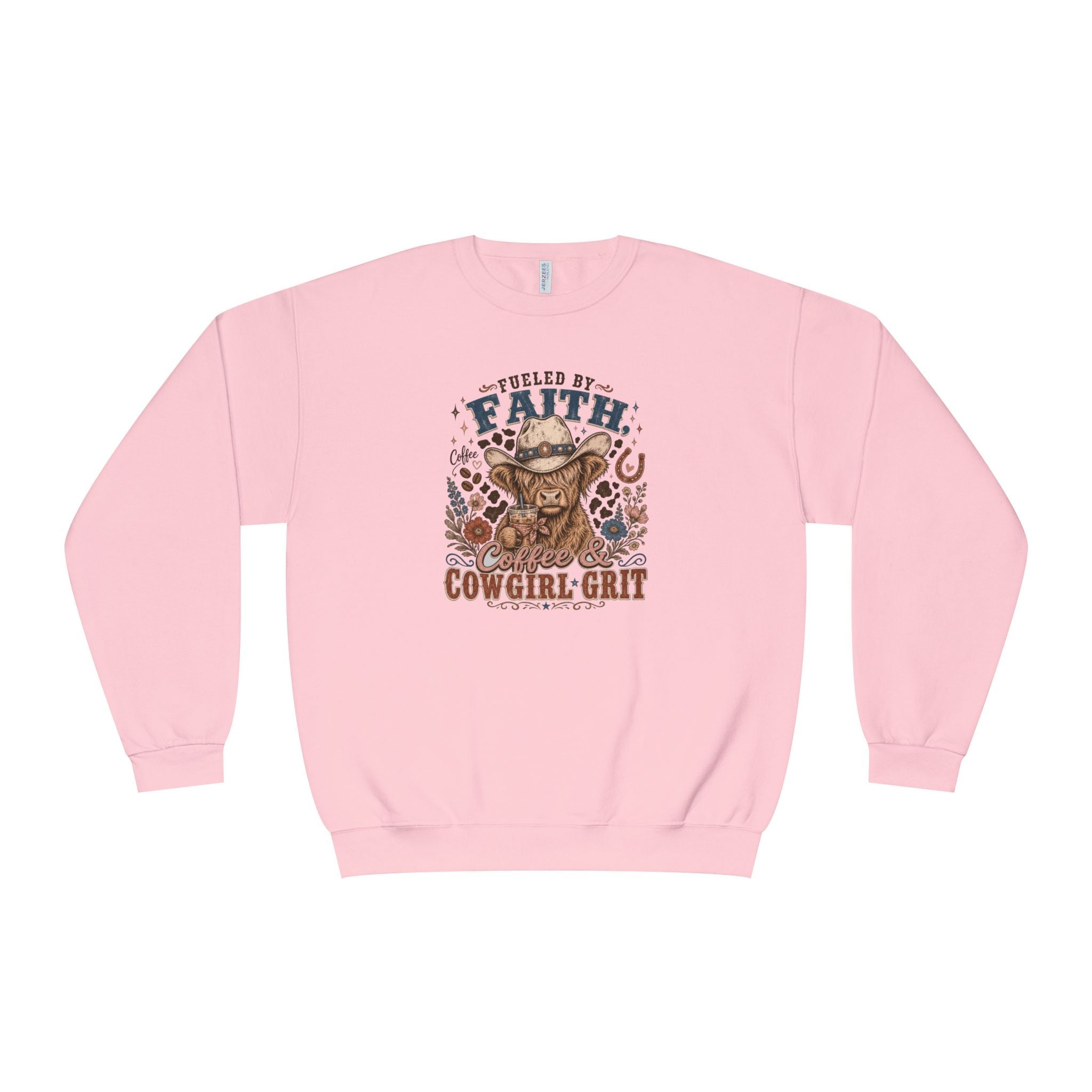 Fueled By Faith Coffee Cowgirl Grit Sweatshirt, Highland Cow Western Christian Farmhouse Crewneck