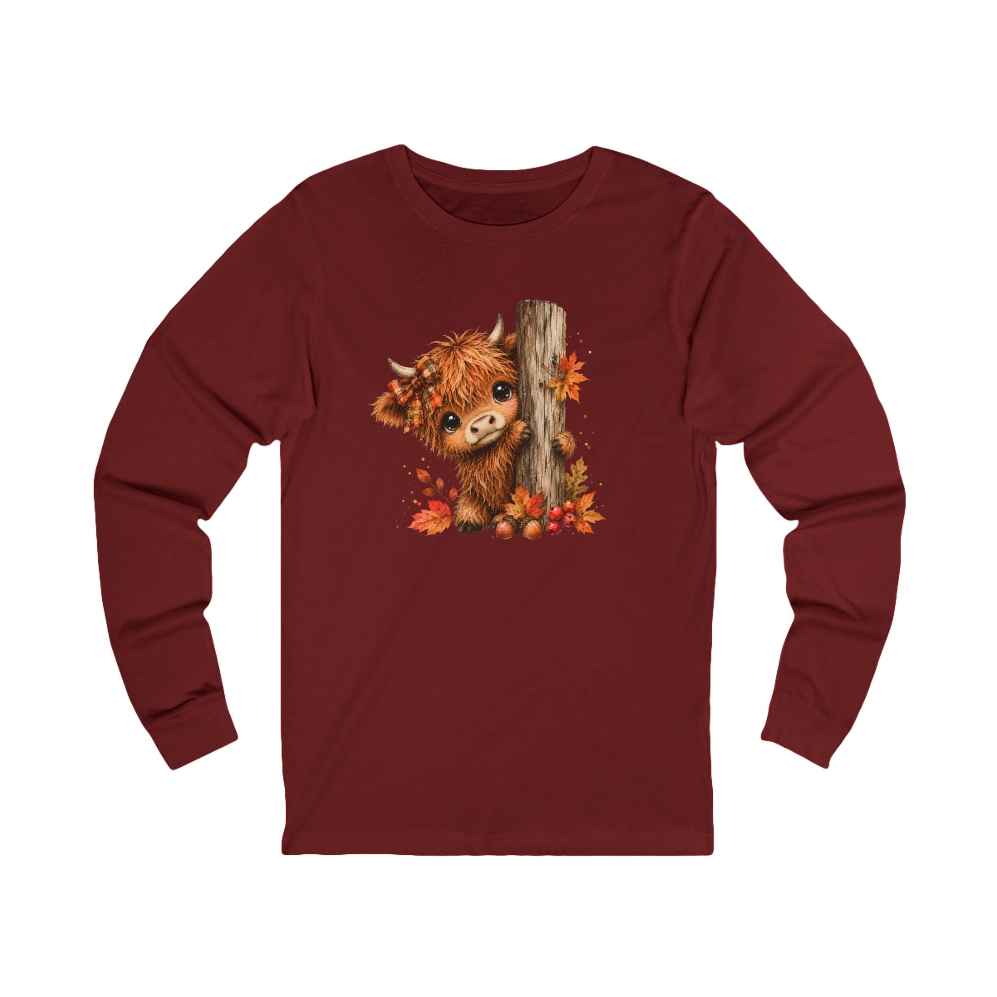 Fall Woodland Whimsical Baby Highland Cow Bella and Canvas Long Sleeve Shirt