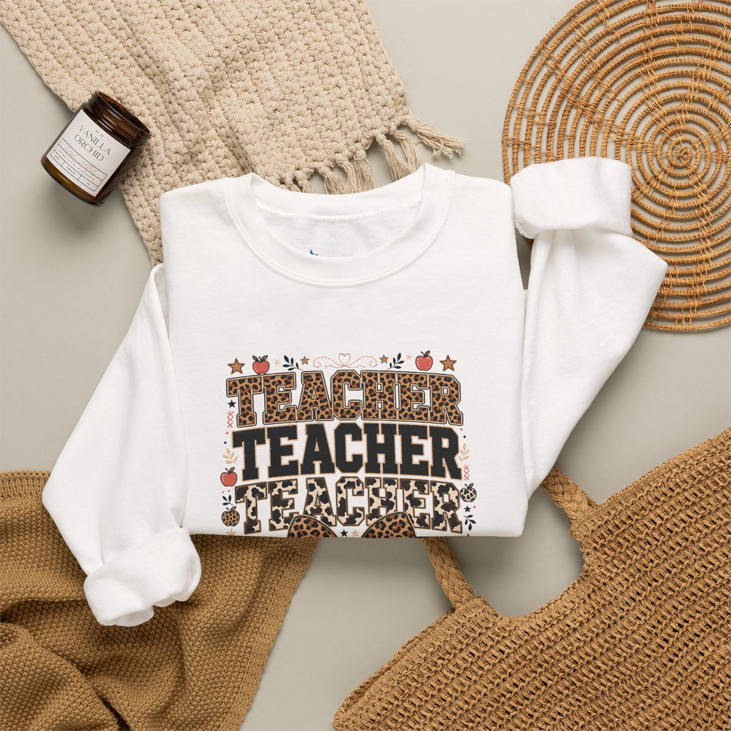 Leopard Bow Crewneck Teacher Teacher Teacher Sweatshirt, Cute Back To School Pullover, Trendy Educator Gift