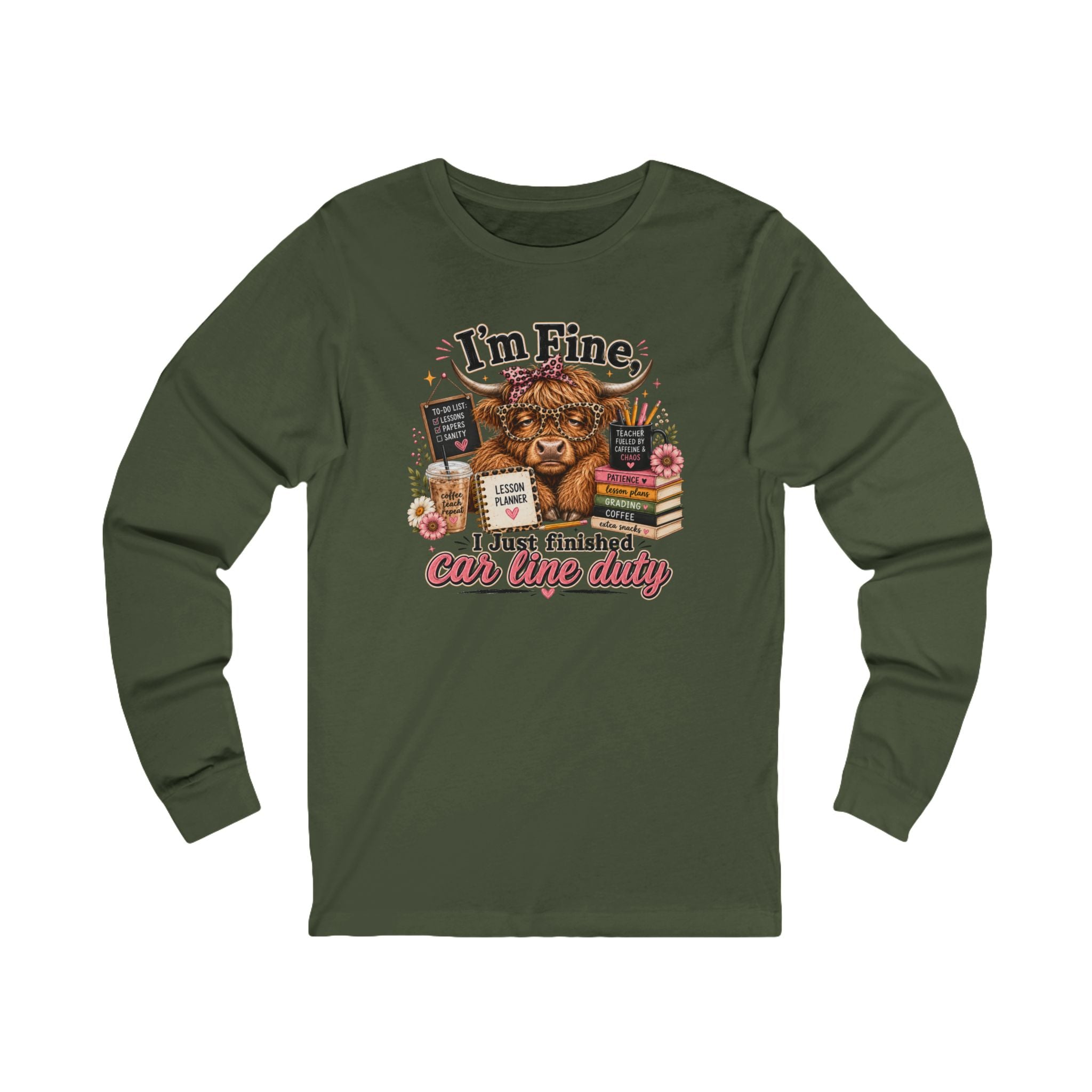 I’m Fine I Just Finished Car Line Duty Teacher Shirt, Funny Highland Cow Teacher Long sleeve Tee, Back to School