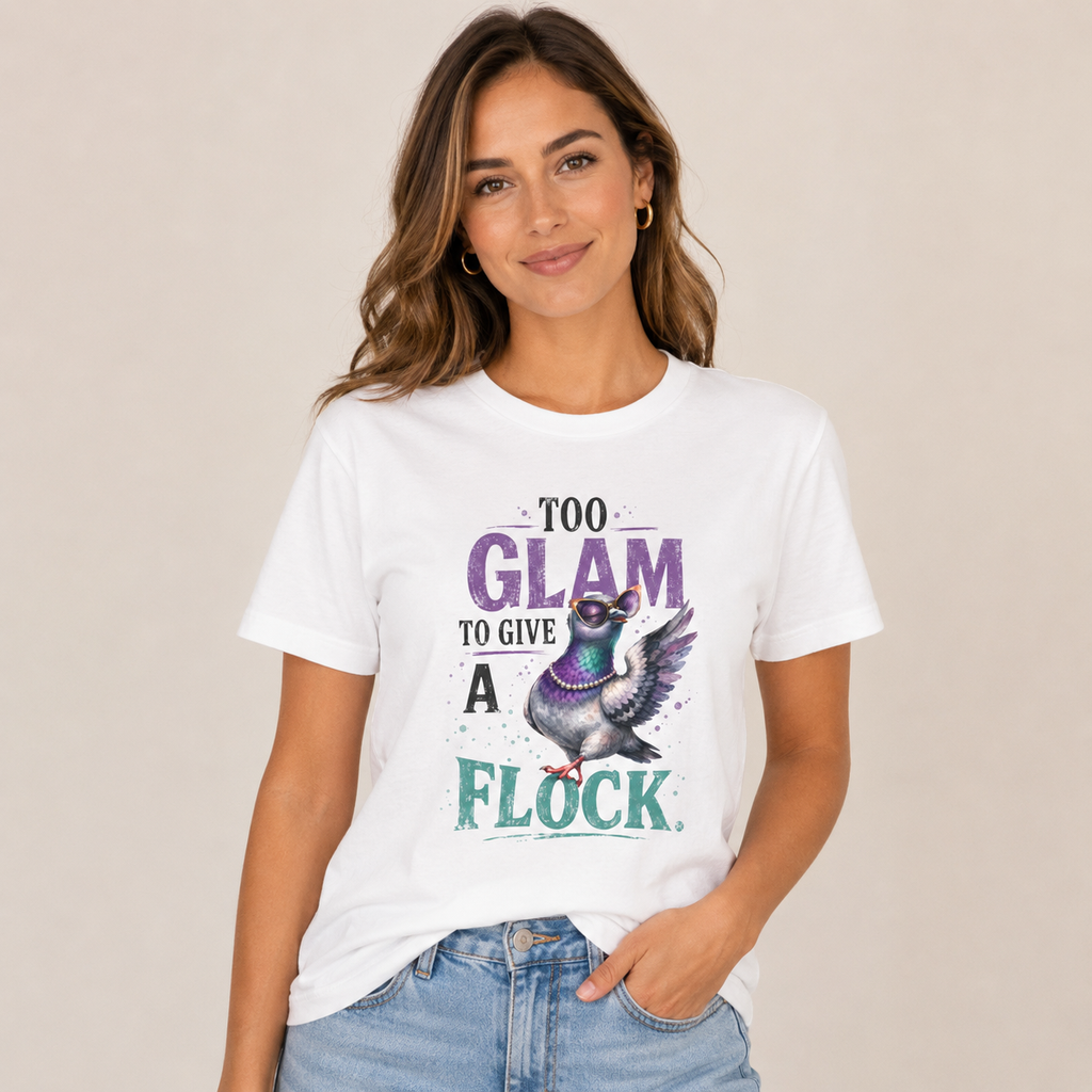 Too Glam to Give a Flock Shirt | Funny Pigeon Graphic Tee | Unisex Bird Lover T-Shirt | Trendy Pigeon Girl and Guys Unisex Jersey Short Sleeve