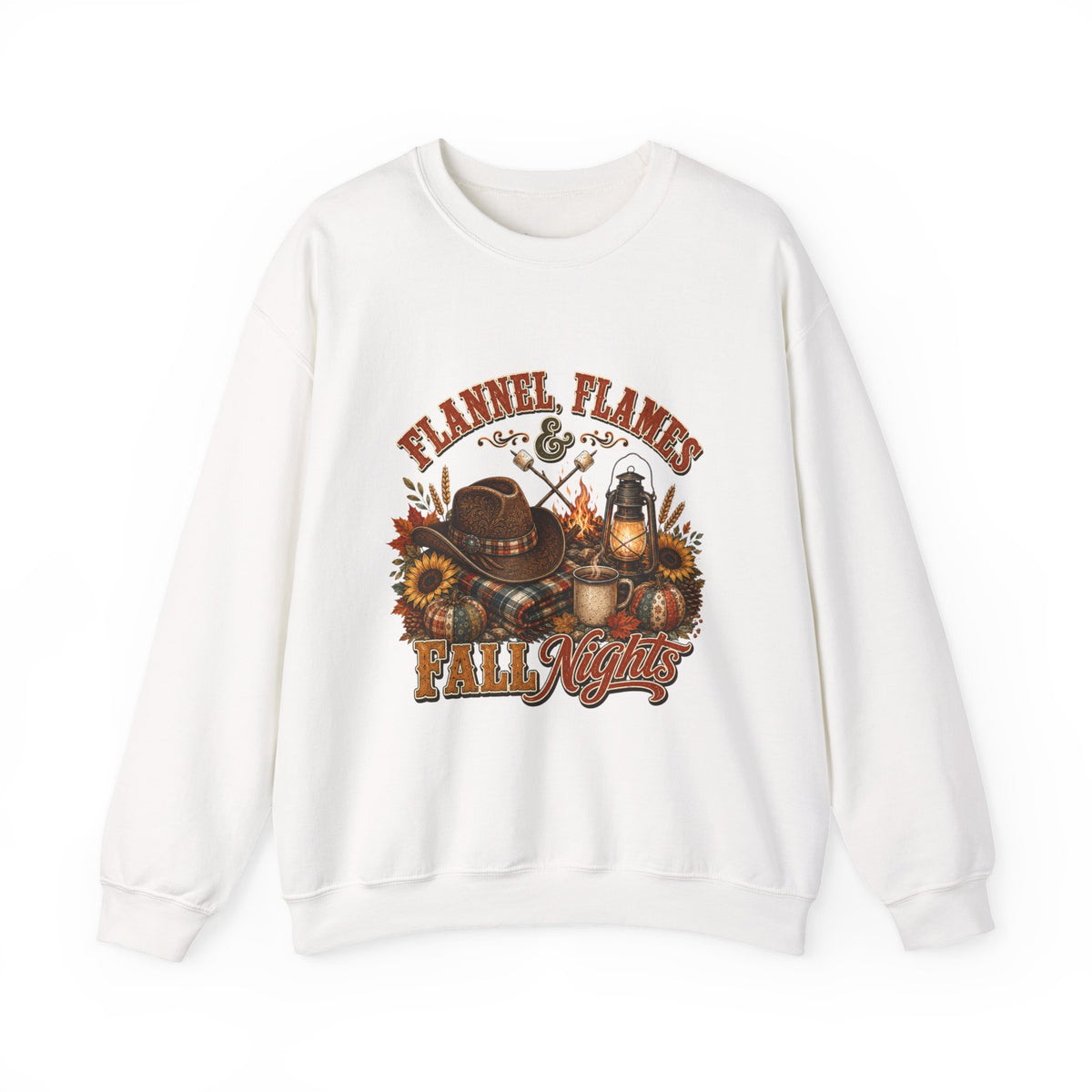 Fall Sweatshirt, Flannel Flames Nights Pullover, Country Bonfire Cowgirl Graphic