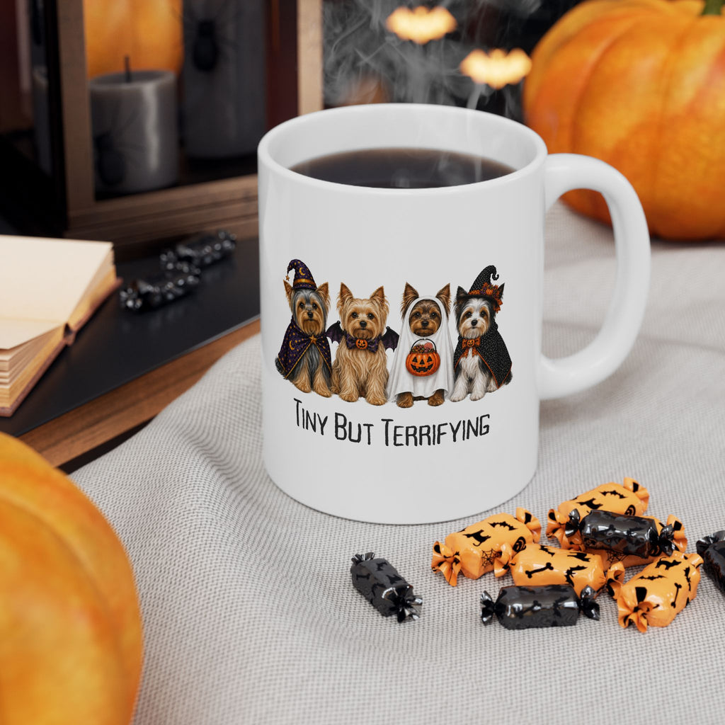 Yorkie Halloween Mug, Tiny But Terrifying Yorkshire Terrier Coffee Cup Gift