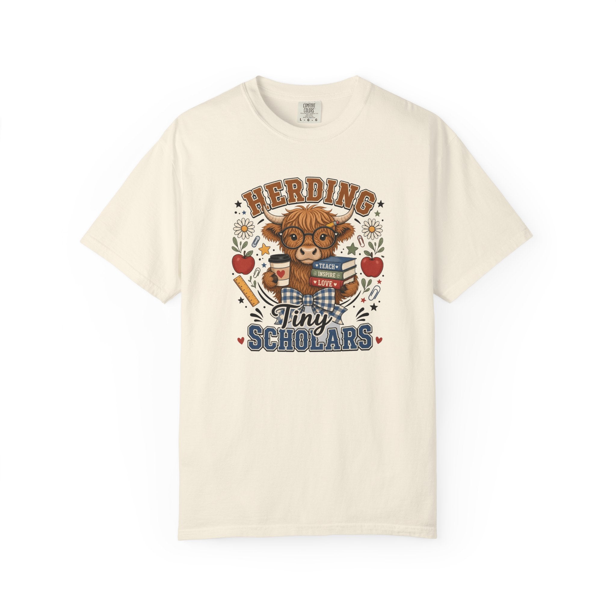 Herding Tiny Scholars Teacher Shirt | Highland Cow Graphic Tee | Back to School Teacher T-Shirt