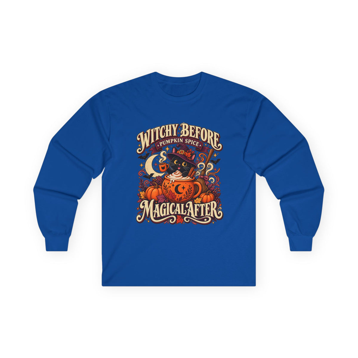 Halloween Long Sleeve, Witchy Pumpkin Spice Pullover, Black Cat Coffee Fall Graphic